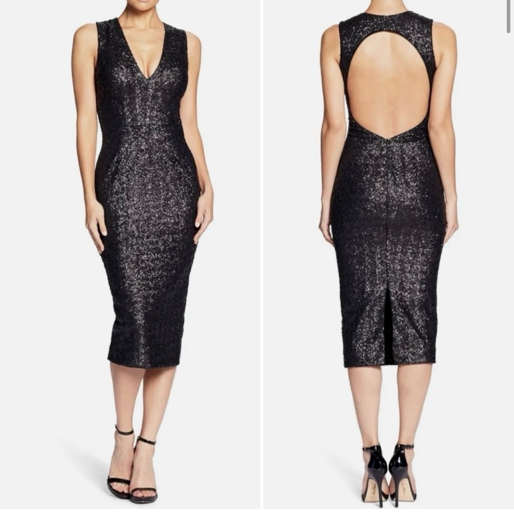 Dress the Population Black Sequin Open-Back Midi Dress